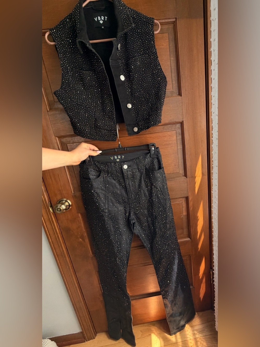 VIBRANT MIU BLACK DENIM RHINESTONE VEST AND JEANS ✨ - Picture 2 of 10